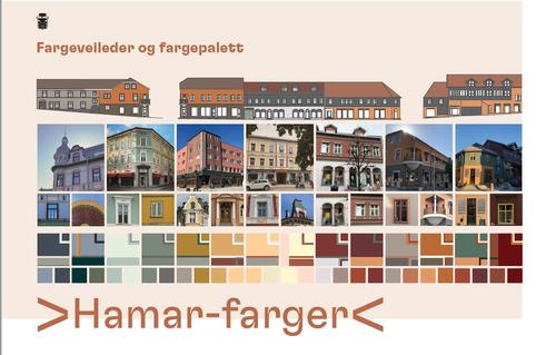 Bilde med fasader i de varme Hamar-fargene.
