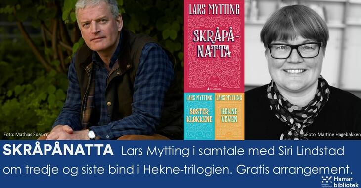 Plakaten til arrangementet med bokbad med Lars Mytting og Siri Lindstad. Med portrett av de to.